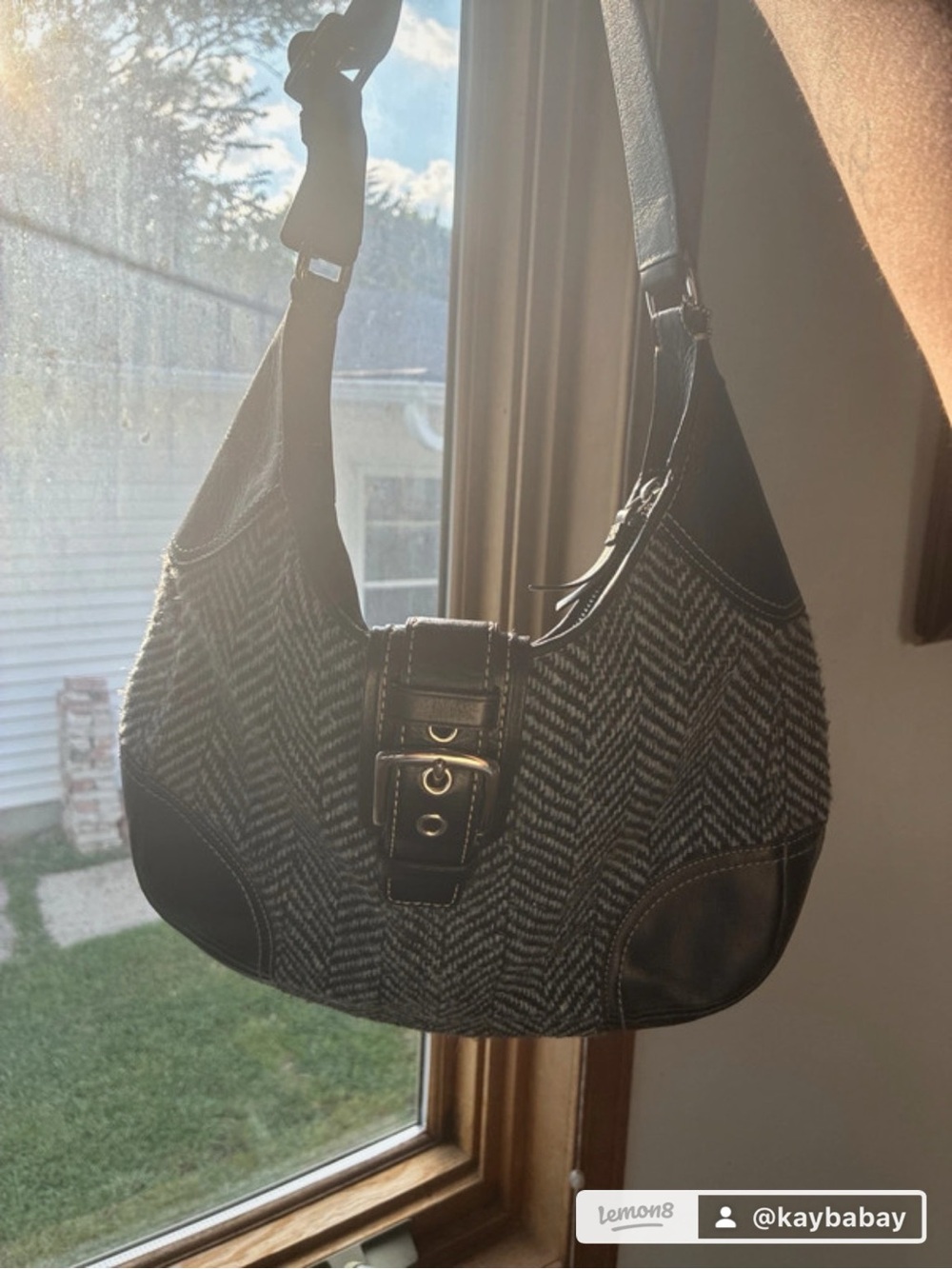 Coach Black and Gray Herringbone Hobo Shoulder Bag